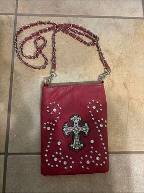 Red Crystal Crossbody Bag with Embellished Cross Detail